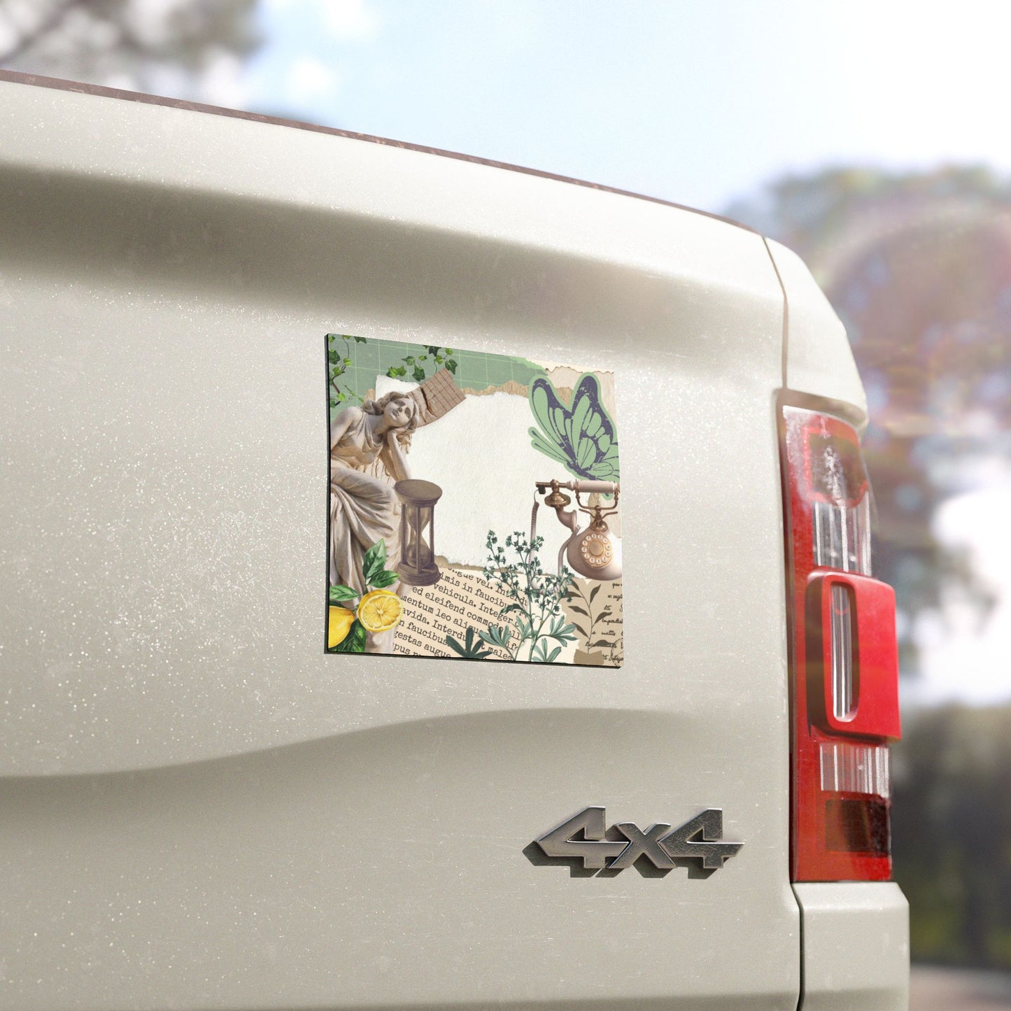 Vintage Collage Car Magnet — Botanical Butterfly & Retro Phone Design